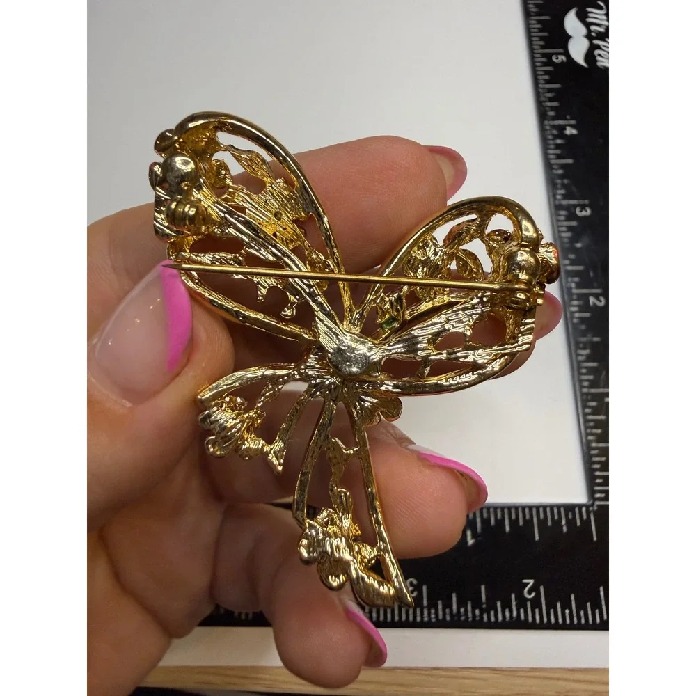 Gold Tone Floral Bow Brooch Purple Red Enamel Rhinestone Ribbon Pin Accessory